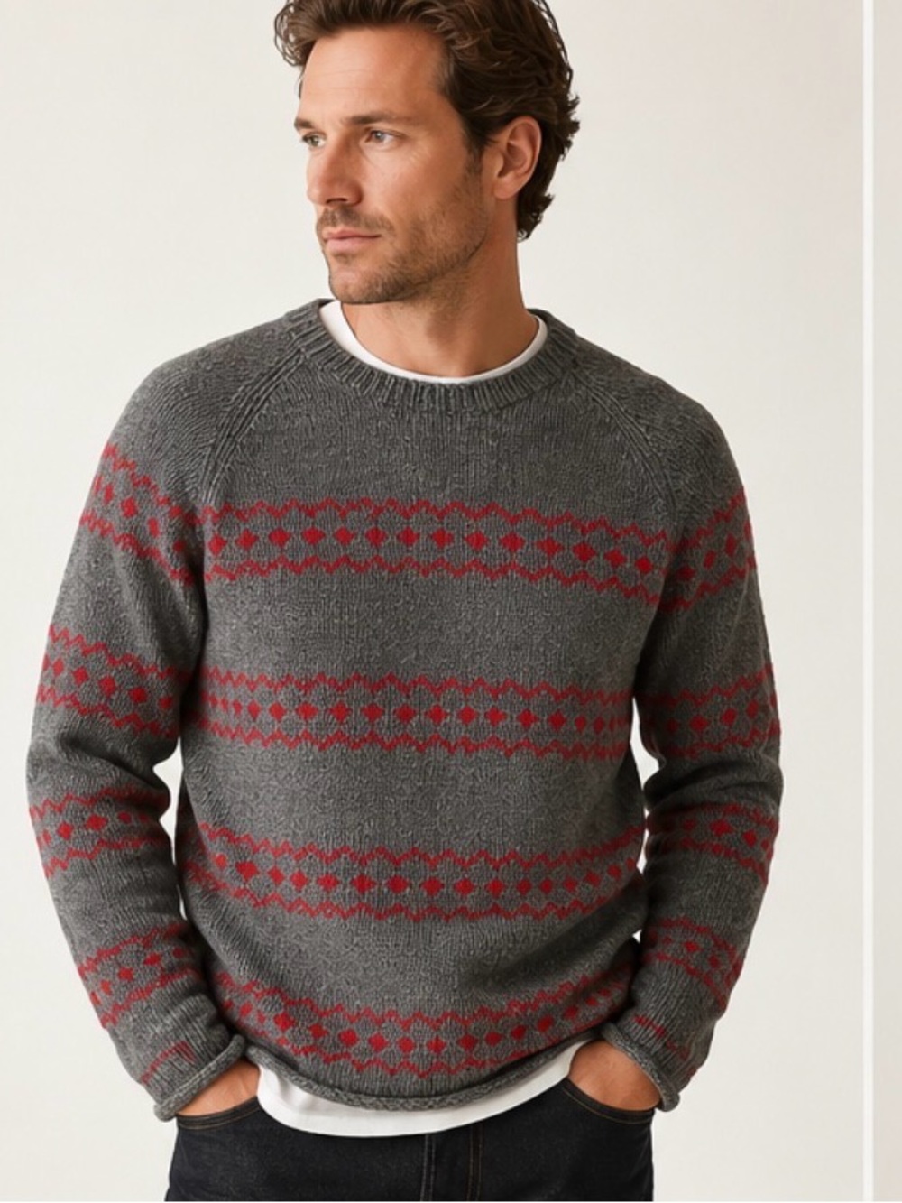J.Crew Handknit 100% Lambswool Fair Isle Sweater Gray Red Nordic Crewneck XXL